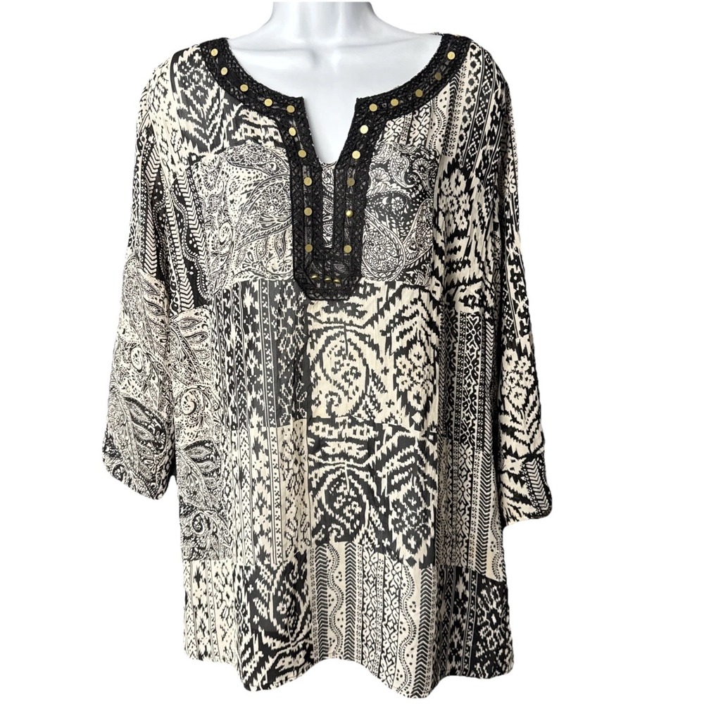 Elementz Patchwork Tunic Top Women L Black White Studded‎ Boho Split Neck Blouse